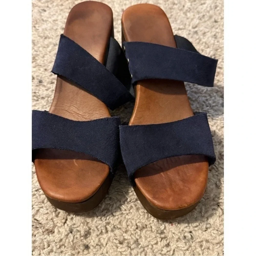 Navy Blue Suede Wooden Platform Slide Sandals Studded Block Heel Retro 70s Style